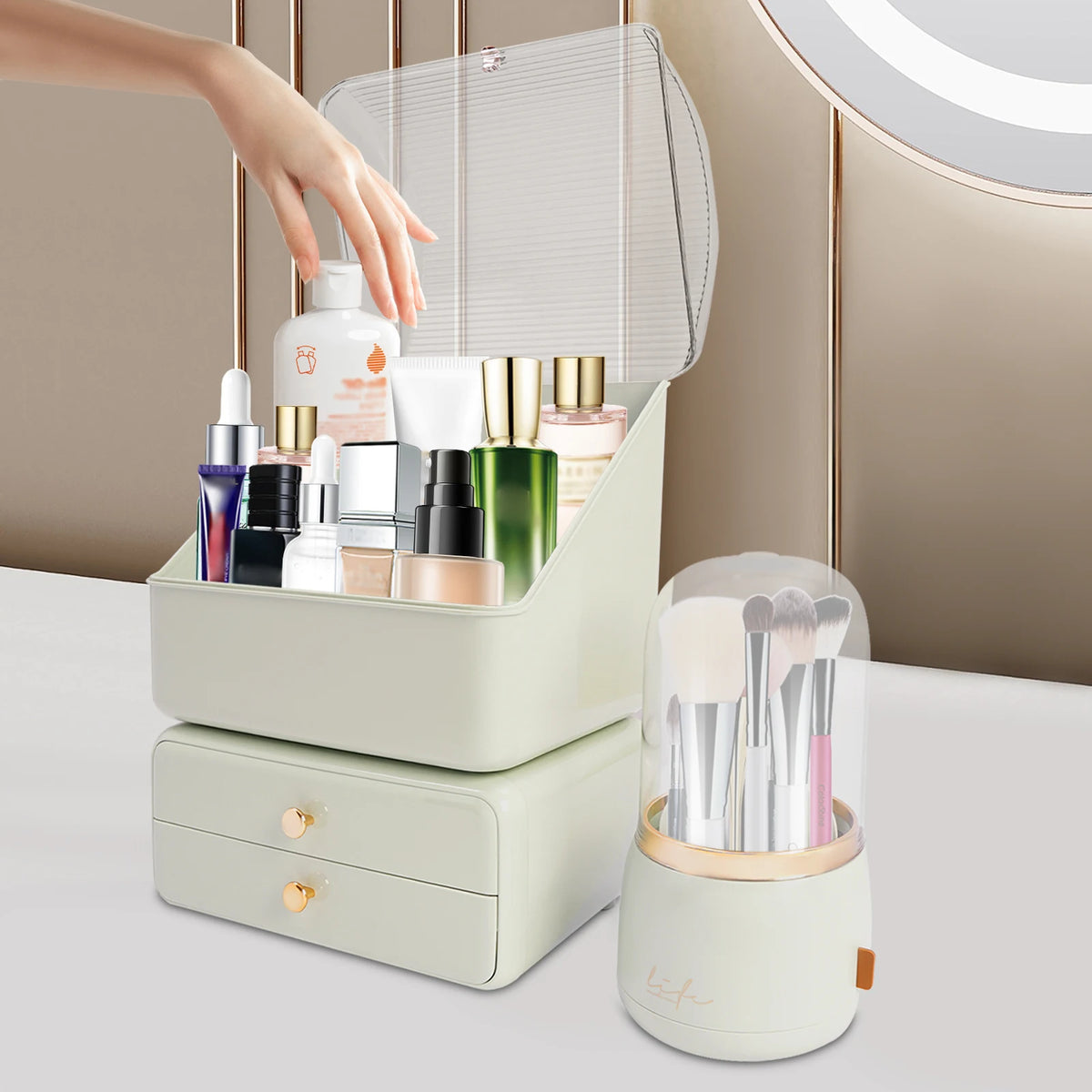 Vanity Cosmetic Storage Box with Rotatable Brush Holder, Dust‑Cover Skincare Display Case, 2‑Drawer Desktop Beauty Organizer for Dresser Countertop - Curl and Collar