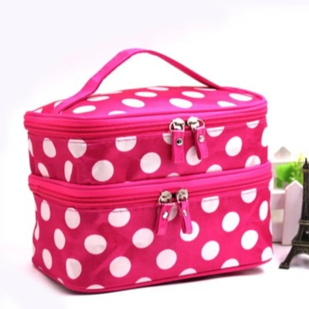 Fashion Double-layer Makeup Bag Polka Dots Portable Toiletry Bag Large Capacity Travel Makeup Case - Curl and Collar