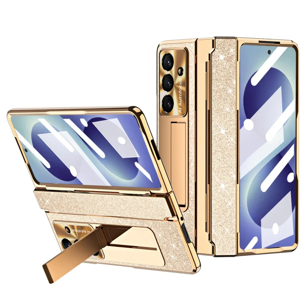 Crystal Glitter Leveling Hinges Anti Drop Case for Samsung Galaxy Z Fold 8 Ultra Zfold 8 Ultra 7 6 5 4 3 Camera Protector Cover - Curl and Collar