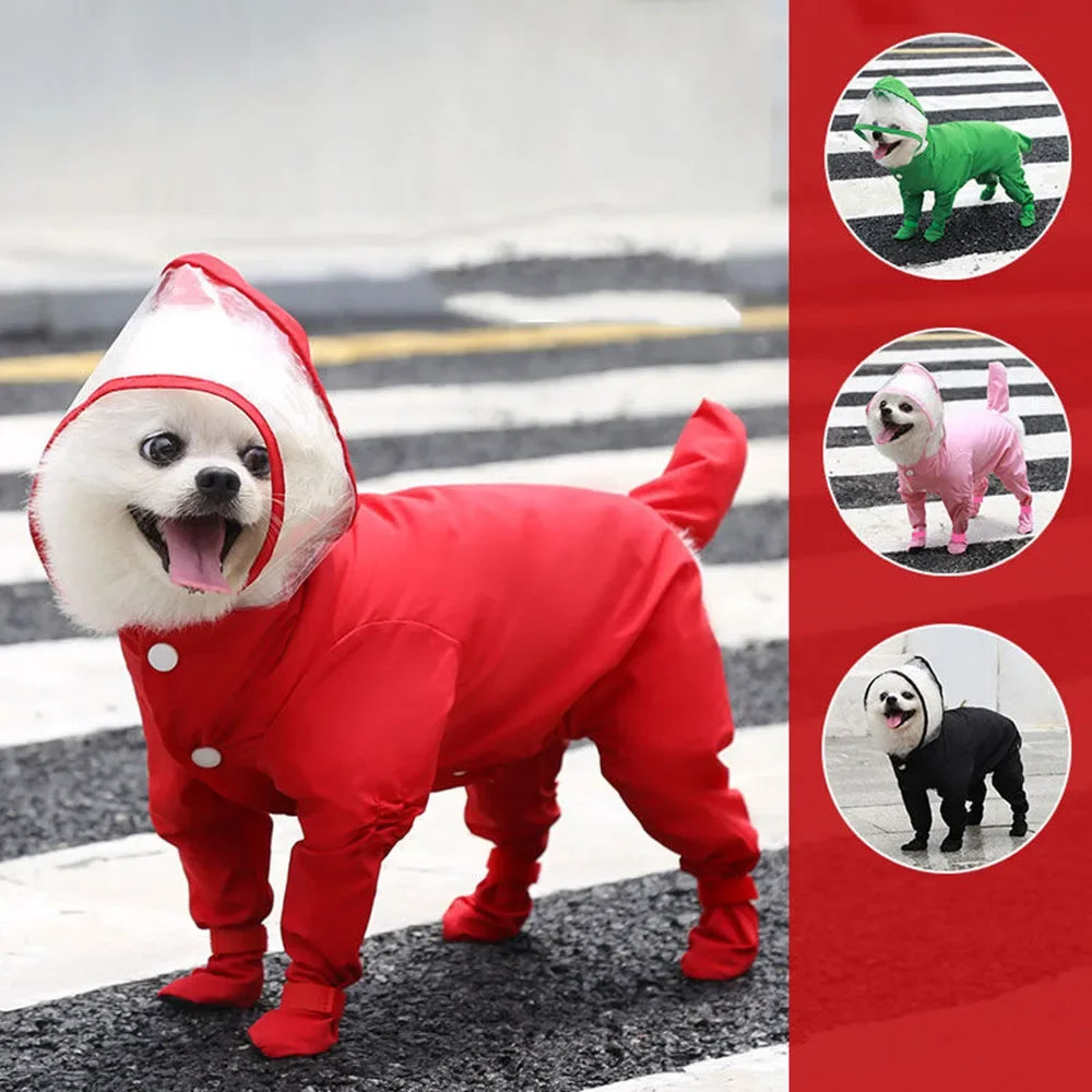 Waterproof Dog Clothes Small Dog Raincoat with Rain Shoes Boots Overalls Jumpsuit Pet Cat Puppy Rain Coat with Transparent Hood