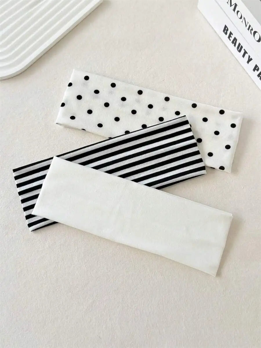 3pcs Unisex Elegant Polka Dot, Black & White Striped, Black Elastic Sports Headbands, Classic Simple Hair Accessories, Suitable - Curl and Collar