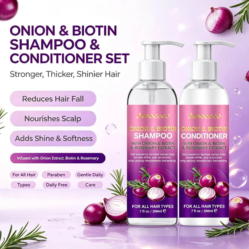 Amococo 2pcs X 200ml Shampoo and Conditioner Set with Onion Biotin Rosemary Hair Care Duo for All Hair Types Frizz Control Shine Boosting Sulfate Free - Curl and Collar