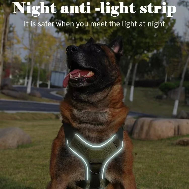 Reflective anti sprint dog harness, suitable for strong large dogs, no traction chest vest, suitable for strong dog breeds, large dog walking harness with combing brush set, luminous safety dog chest equipment, adjustable lar - Curl and Collar
