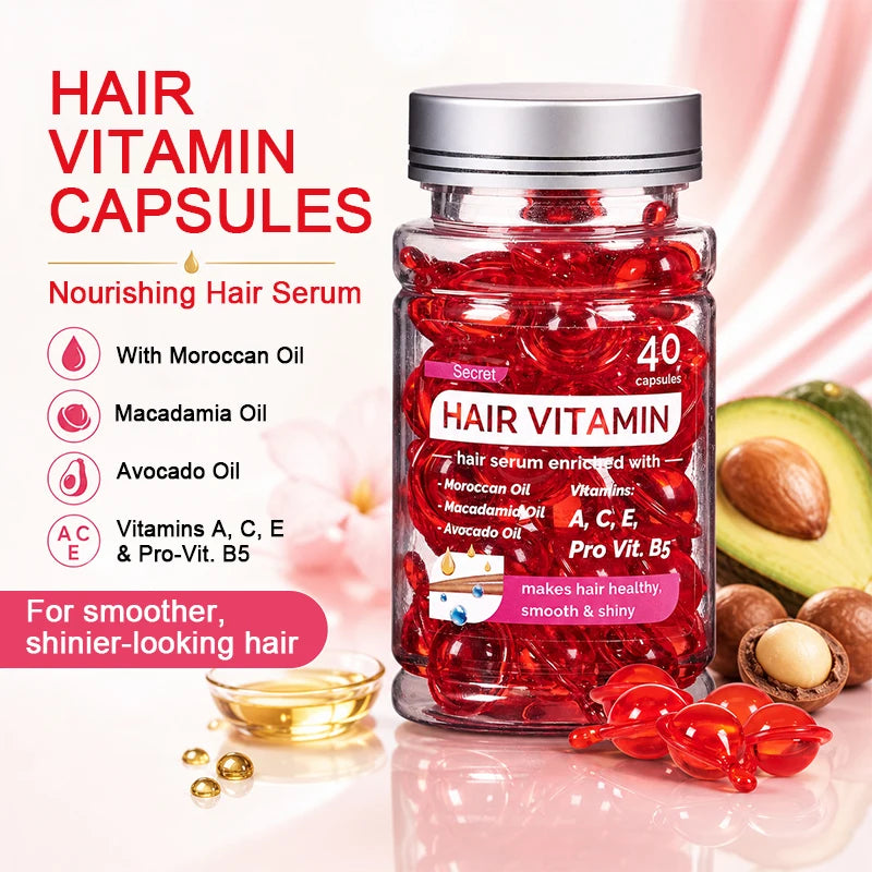 Amococo 6/8pcs Hair Vitamin Serum 40 Capsules Each Moroccan Oil Hair Oil Capsules Leave In Treatment with Macadamia Avocado Oil for Dry Frizzy Hair Smooth Shiny Hair Care - Curl and Collar