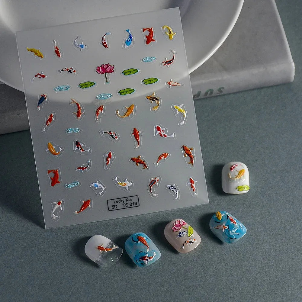 5D Koi Carp Nail Sticker Green Lotus Kawaii Red Carp Nail Slider for Manicure Relief DIY Acrylic Nails Fish Accessories Decal - Curl and Collar