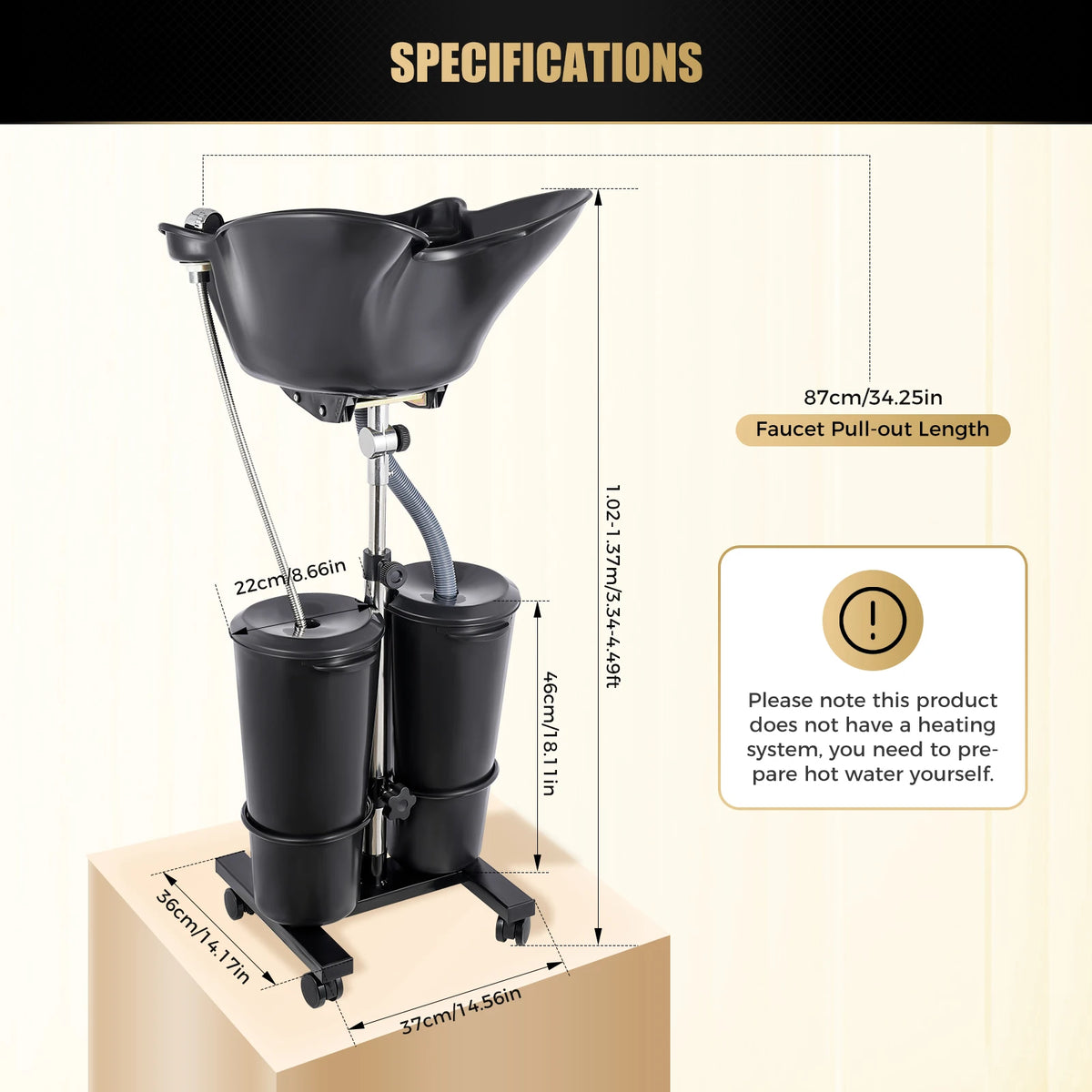 Portable Shampoo Basin with 2 Water Buckets, 30cm Deep Salon Hair Washing Sink, Adjustable Height Angle Mobile Shampoo Bowl Unit - Curl and Collar
