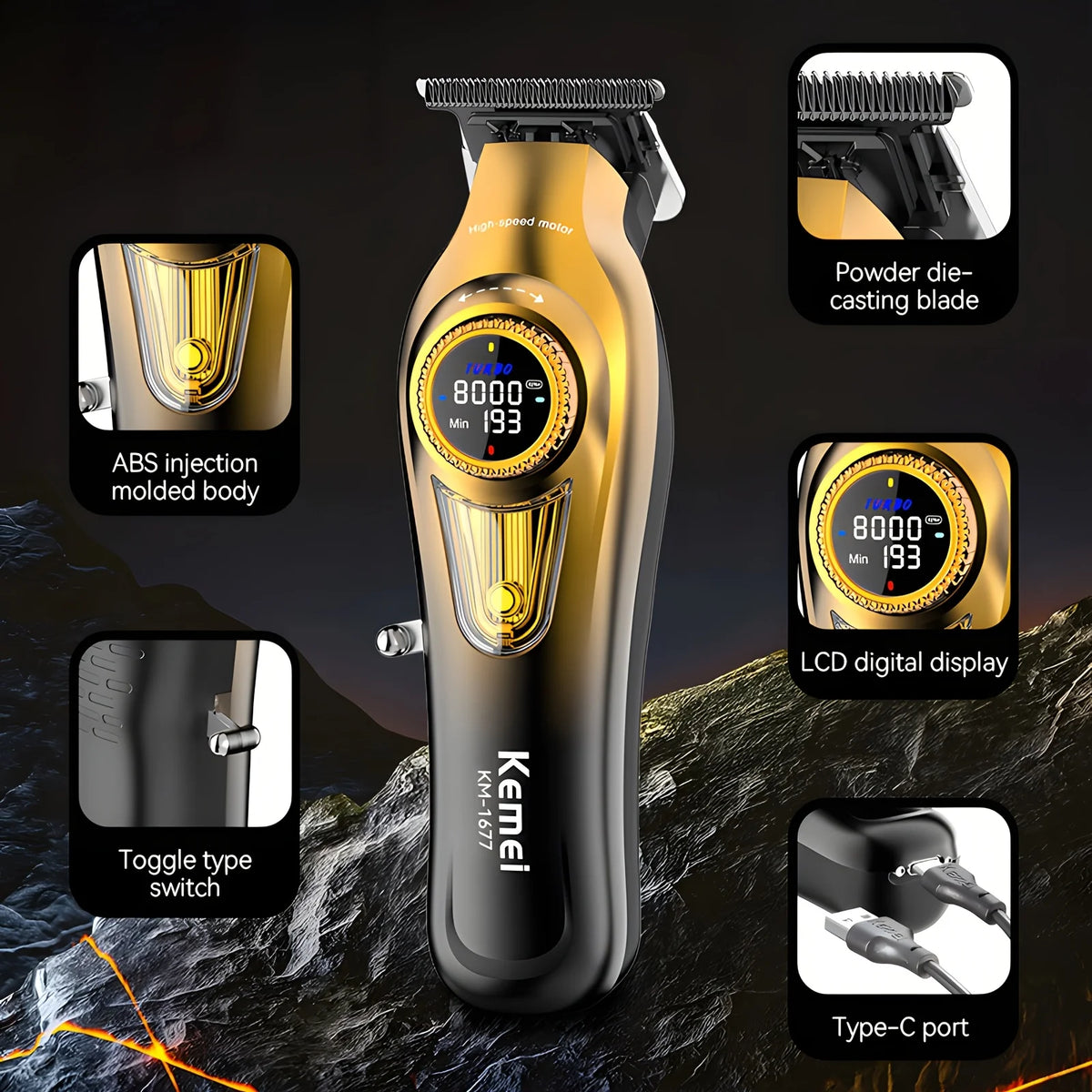 KM-1691+ KM-1671+ KM-T228 High-Performance Men's Grooming Kit: Powder Metallurgy Ceramic Blade Hair Clipper, High-Speed Reciprocating Electric Shaver, Premium 2-in-1 Trimmer for Home Use - Curl and Collar