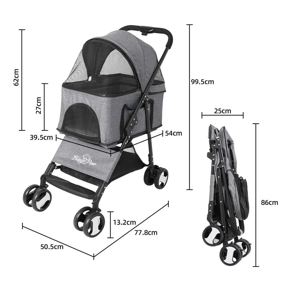 Pet Dog Stroller Foldable Travel Carrier Strolling Cart Cat Dog Pushchair Jogger Dog Pram Cat Buggy with 4 Wheels and Rain Cover - Curl and Collar