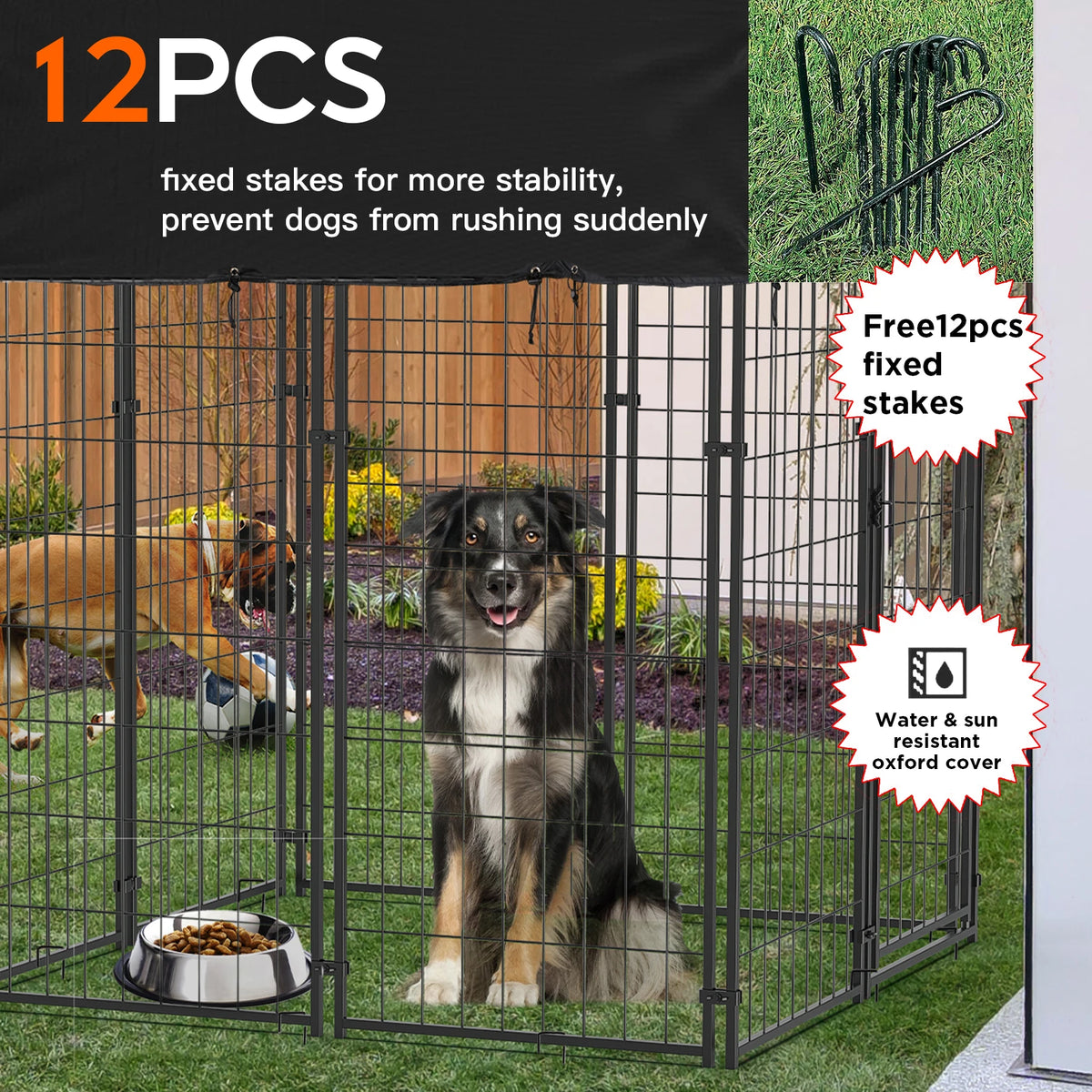 Oversized Large Dog Kennel Outdoor with Anti-UV Waterproof Cover Dog Playpen House Fence Pet Crate Metal Welded Wire - Curl and Collar