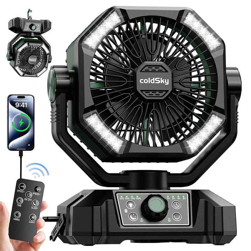 20000mAh Battery Camping Fan with 4 LED Lantern 8 Speeds Desk Fan Portable Outdoor Fan for Outdoor Camping Tent and Fishing - Curl and Collar