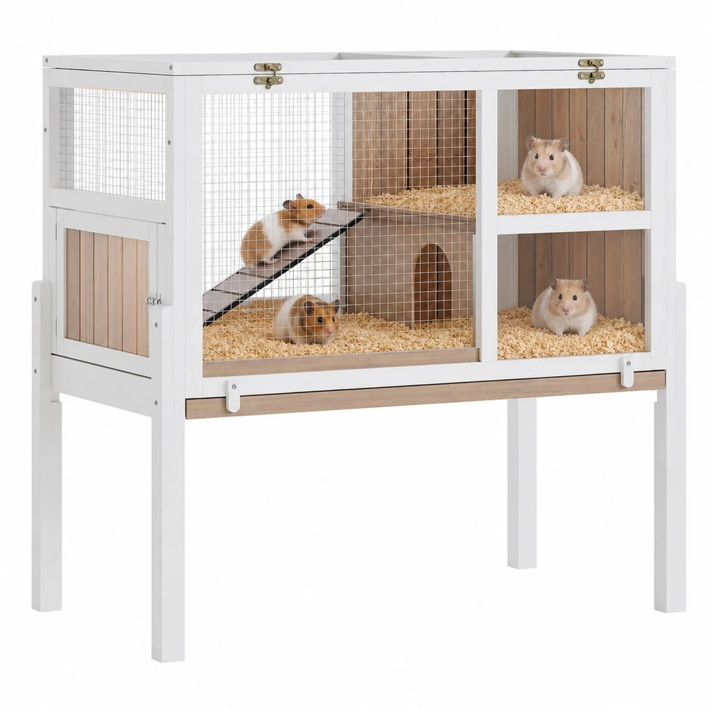 Wooden Guinea Pig Cage Indoor with Stand, 38" 2-Story Rabbit Hutch w/Ramp & Hideout, Clear Vision, Leak-Proof Pull-Out Tray, Lockable Door, Bunny Hamster Habitat - Curl and Collar
