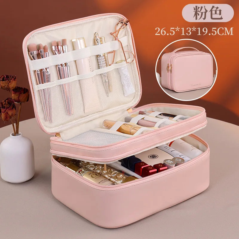 Multiple Compartments Large Capacity Cosmetic Organizer Case Portable Travel Toiletry Bag Double Layer Detachable Makeup Bag - Curl and Collar