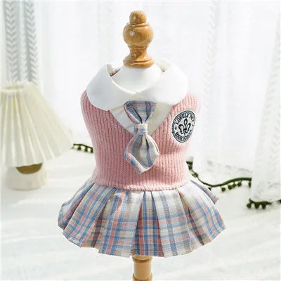 College Style Dog Dress for Small Dogs, Plaid Skirt, Pink,Blue,Green, Spring Dog Clothes, Cat, Chihuahua, XL - Curl and Collar