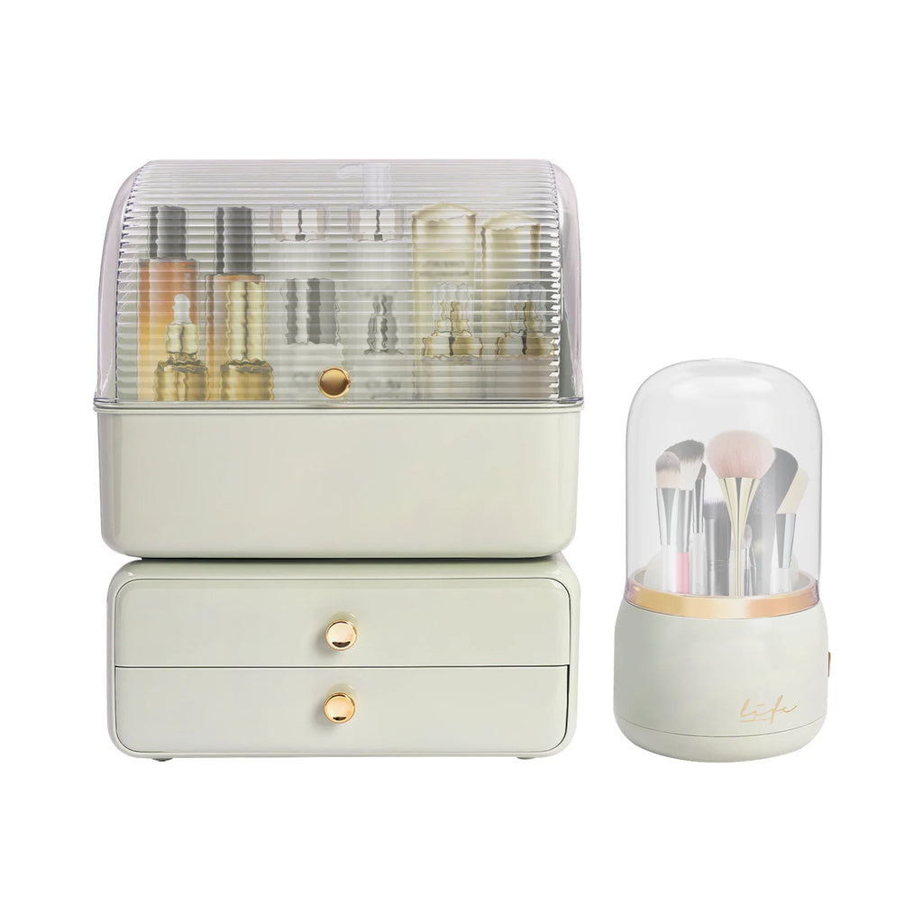 Vanity Cosmetic Storage Box with Rotatable Brush Holder, Dust‑Cover Skincare Display Case, 2‑Drawer Desktop Beauty Organizer for Dresser Countertop - Curl and Collar
