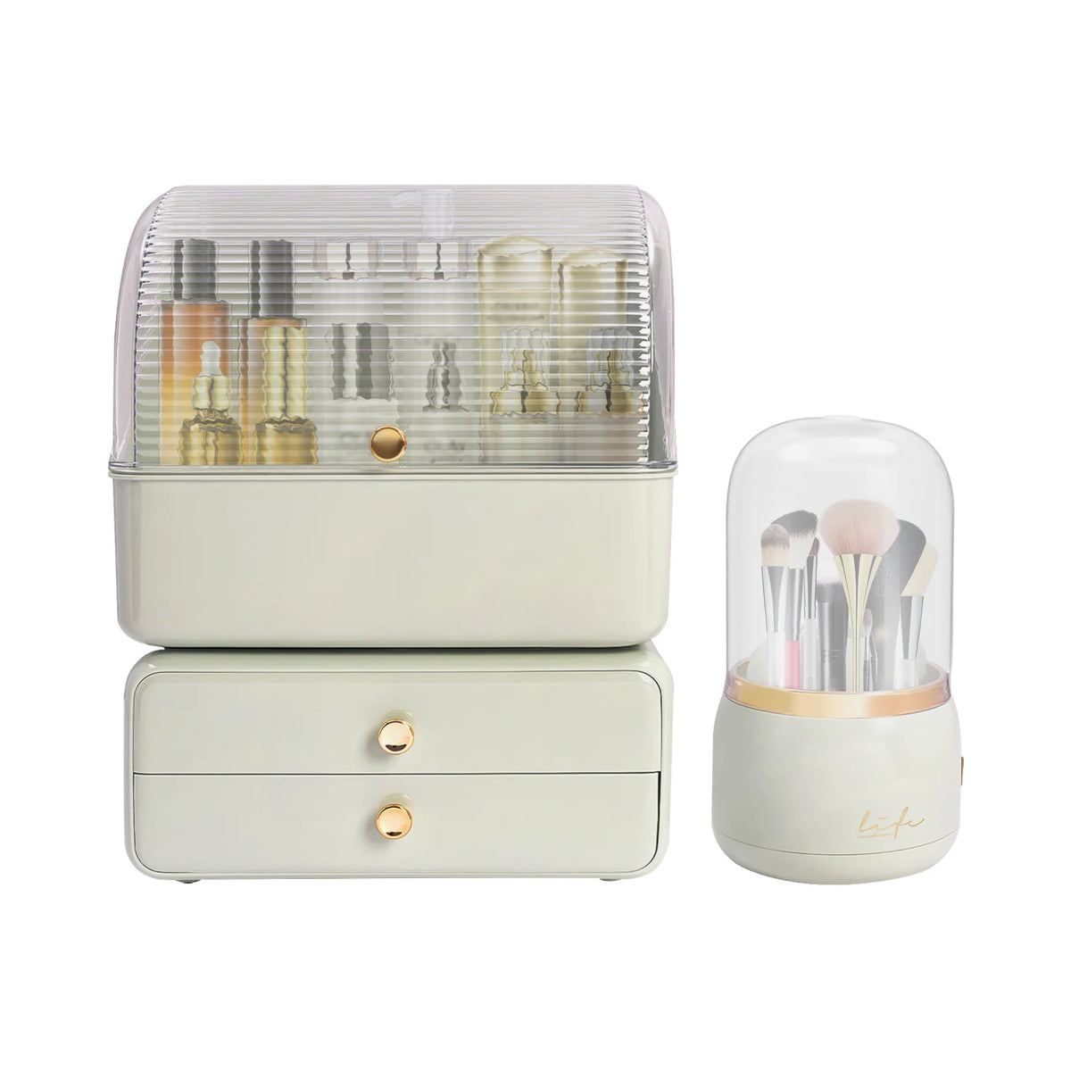 Vanity Cosmetic Storage Box with Rotatable Brush Holder, Dust‑Cover Skincare Display Case, 2‑Drawer Desktop Beauty Organizer for Dresser Countertop - Curl and Collar