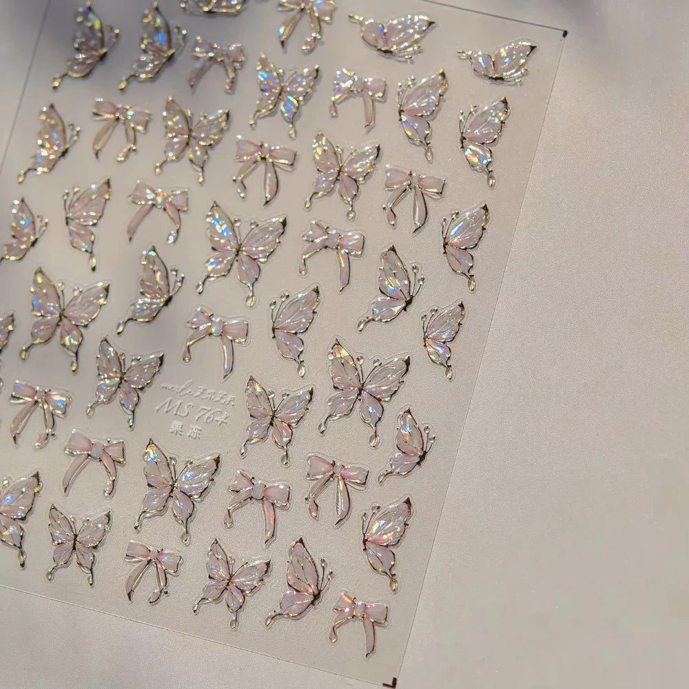 1pcs 5D Luxury Kawaii Butterfly Nail Stickers Japanese Glitter Shell Aurora Nail Art Decorations Decals DIY Manicure Slider Foil - Curl and Collar