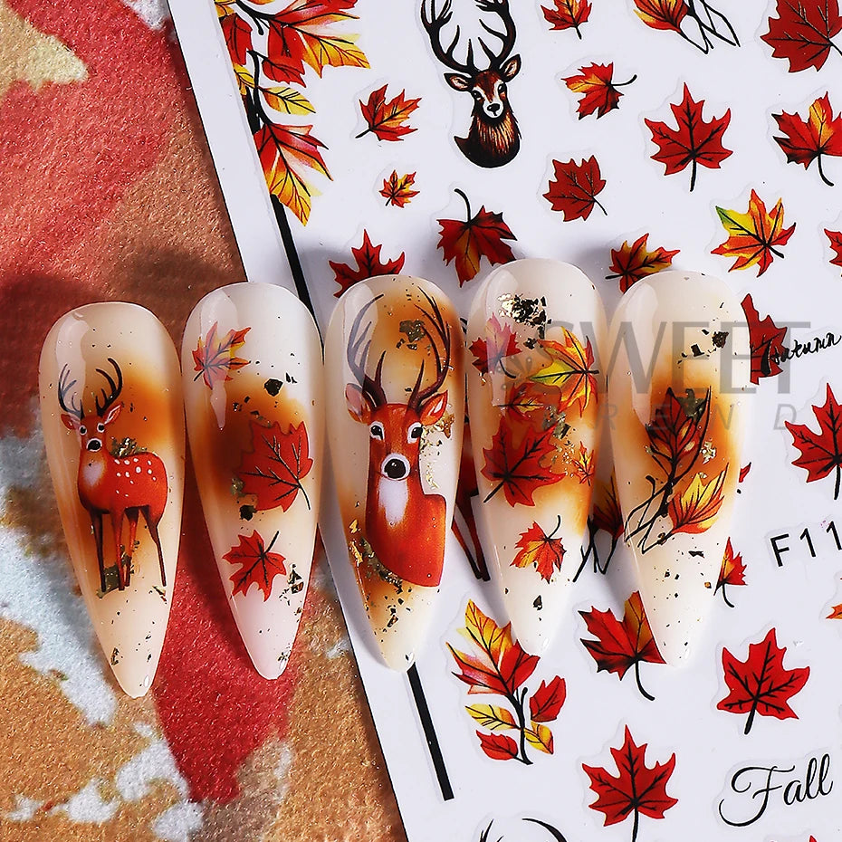 8pcs Autumn Winter Maple Leaf Nail Stickers Pumpkin Elk Mushroom Flower Self-Adhesive Nail Decal Thanksgiving DIY Manicure Decor