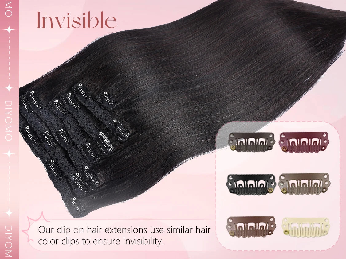 Natural Black Straight Human Hair Extensions Set of 7 PU Clip-In Invisible Wefts 100g Lightweight for Women Hairdressing - Curl and Collar