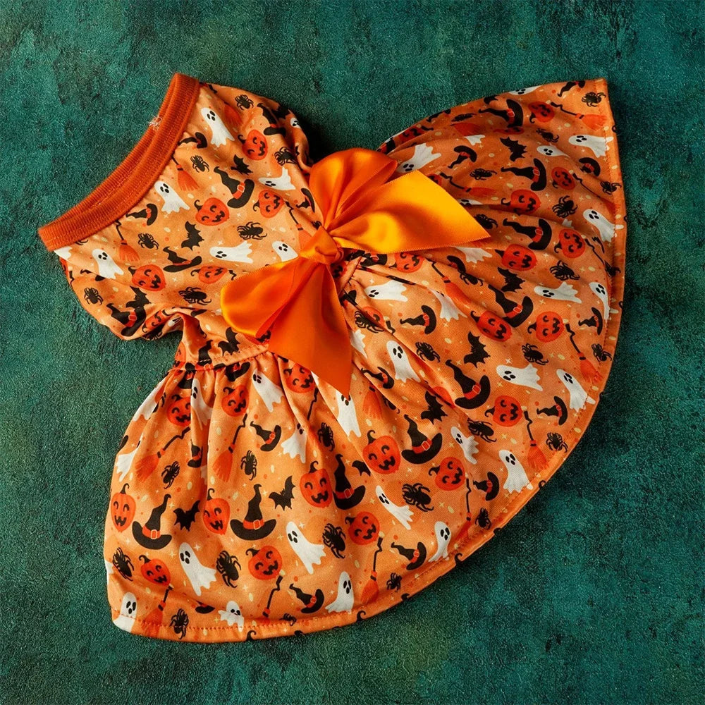 Halloween Dog Clothes Dresses For Dogs Bowknot Pumpkin Bat Print Puppy Dress Summer Sleeveless Party Dress Costume for halloween - Curl and Collar