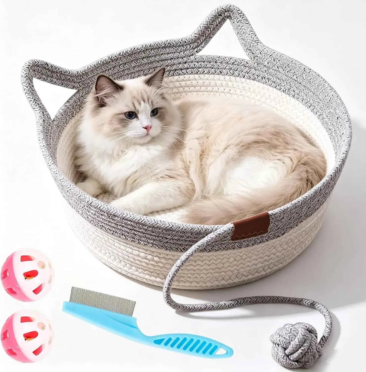 Cat Instinct Basket - Hand-woven Cotton Rope Fun Bed, Equipped with a Toy Tail, Suitable for Scratching and Interactive Pet