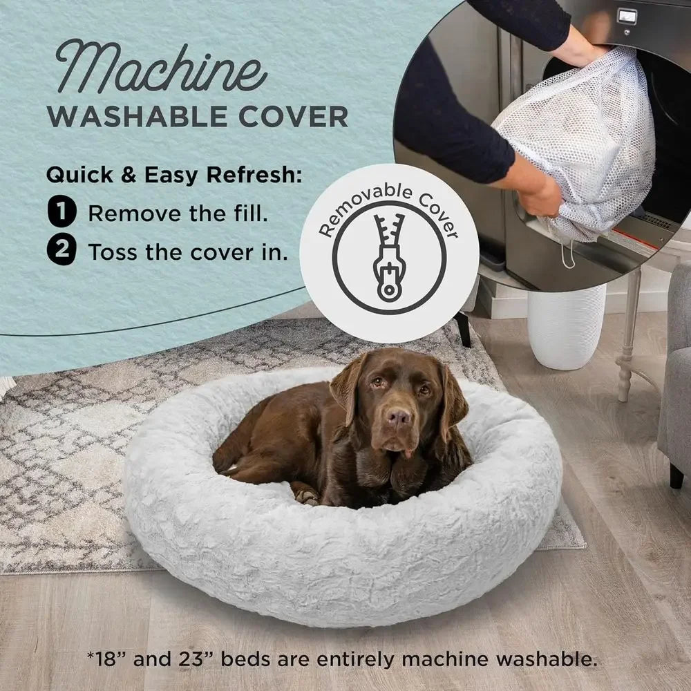 Luxury Calming Donut Cuddler Pet Bed with Throw Blanket, Gray, Large, 36x36 - Curl and Collar