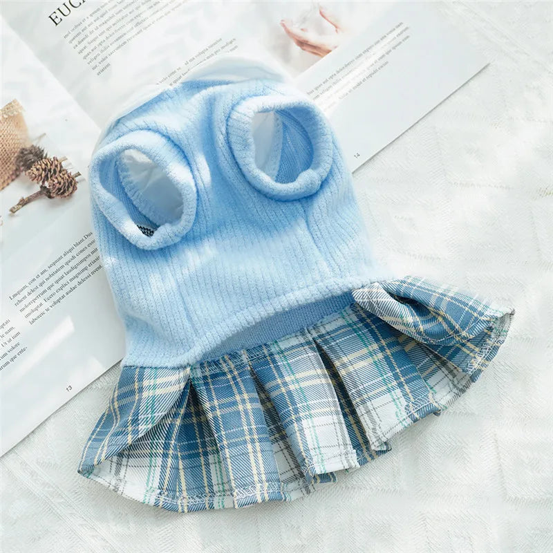 College Style Dog Dress for Small Dogs, Plaid Skirt, Pink,Blue,Green, Spring Dog Clothes, Cat, Chihuahua, XL - Curl and Collar