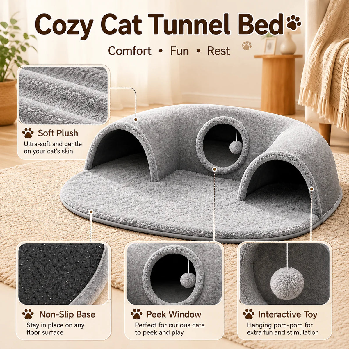 Multifunctional U-shaped Cat Tunnel Bed—A Detachable, Washable Plush Tunnel Bed That Combines Play and Rest; Suitable for Home, Indoor, and balcony Use. - Curl and Collar