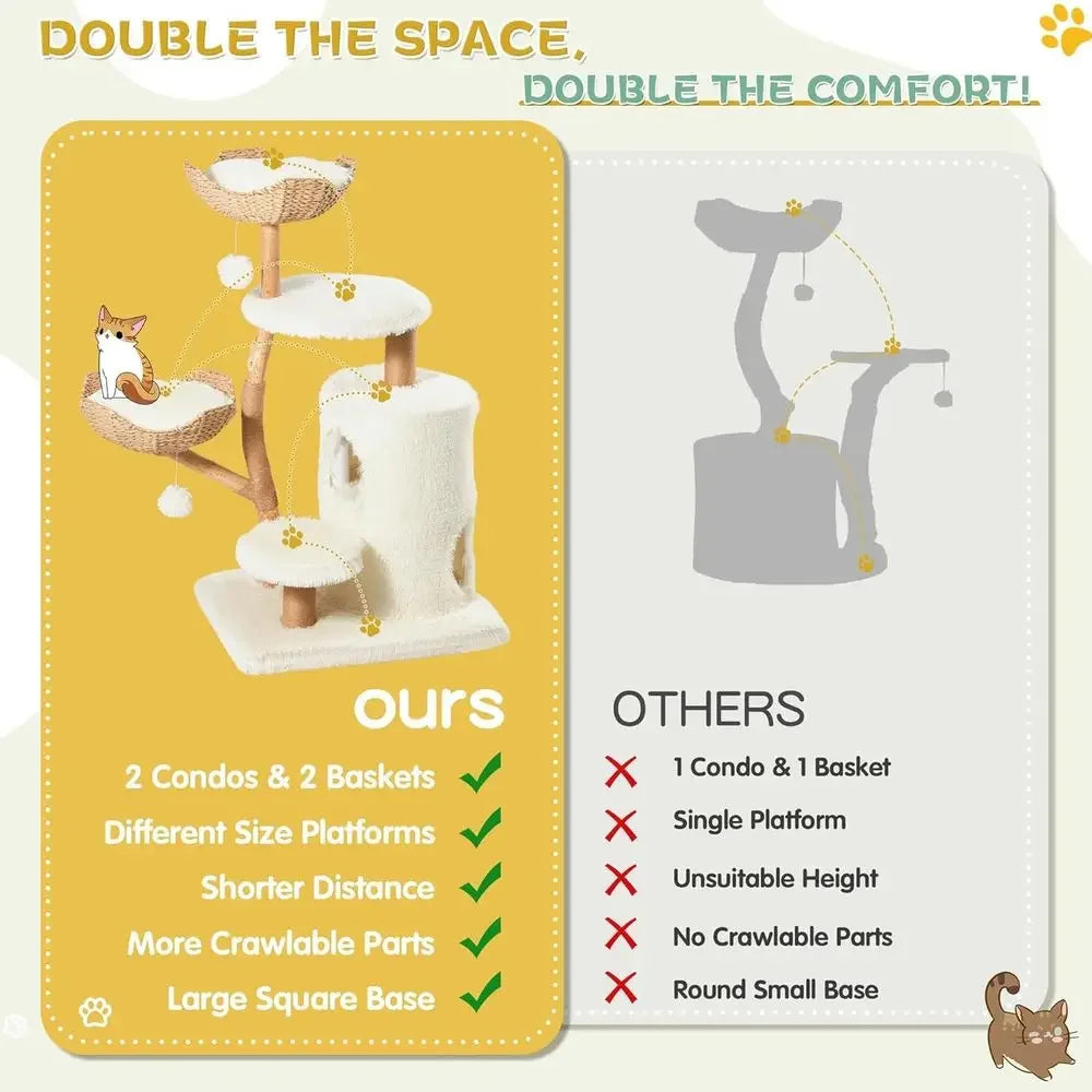 54 Natural Wood Cat Tree with Woven Basket Beds and Scratching Post, Bohemian Style Cat Tower, White - Curl and Collar