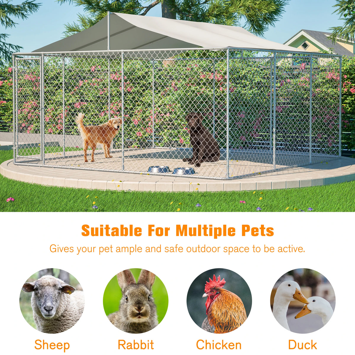 14.8x14.8x7.6 ft Heavy Duty Galvanized Steel Outdoor Dog Kennel with Waterproof UV Cover Lockable Gate Playpen for Large Pets - Curl and Collar