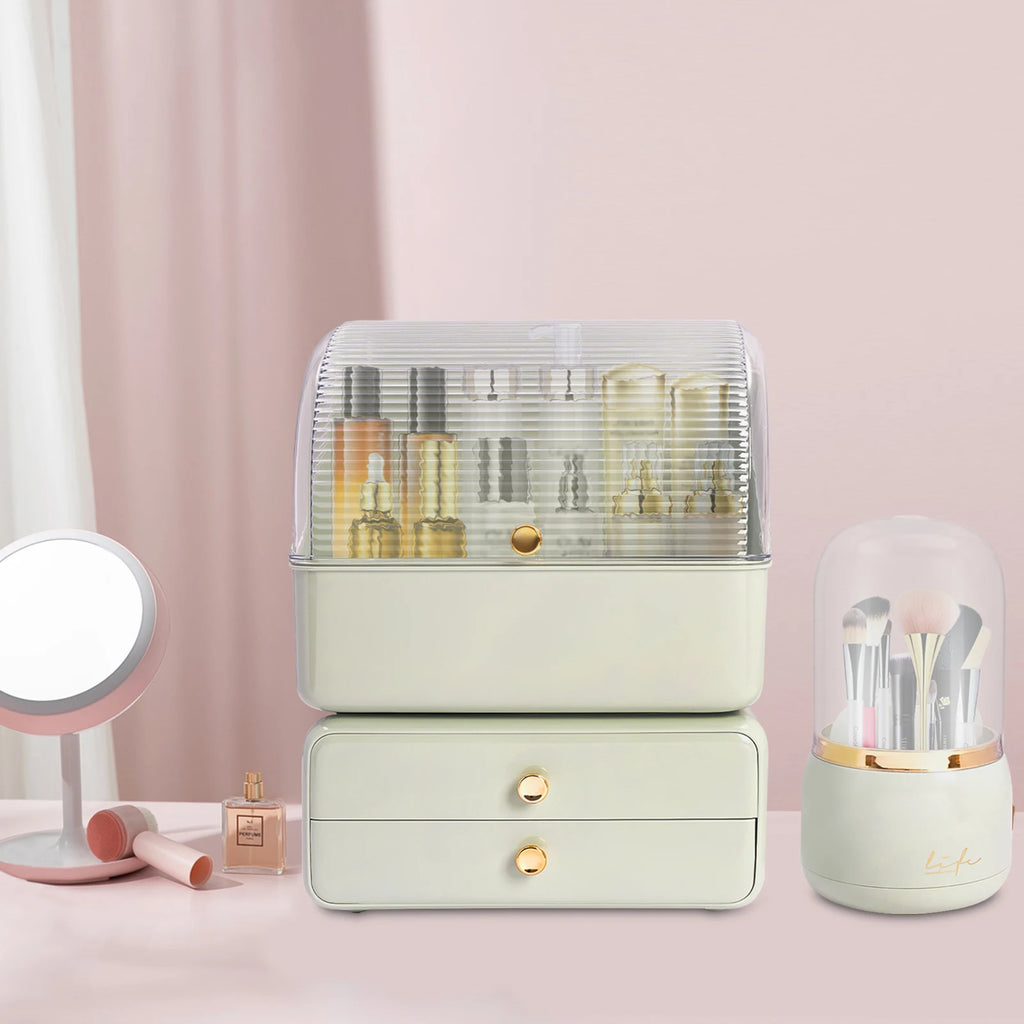 Vanity Cosmetic Storage Box with Rotatable Brush Holder, Dust‑Cover Skincare Display Case, 2‑Drawer Desktop Beauty Organizer for Dresser Countertop - Curl and Collar