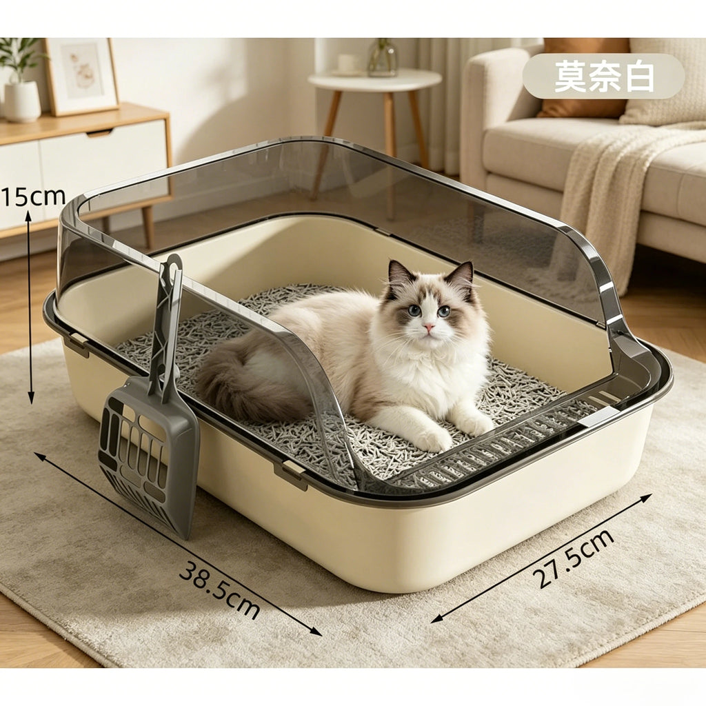 Anti Tracking Semi‑Enclosed Cat Litter Box Odor Control Pet Toilet with Detachable Scoop for Indoor Cats - Curl and Collar