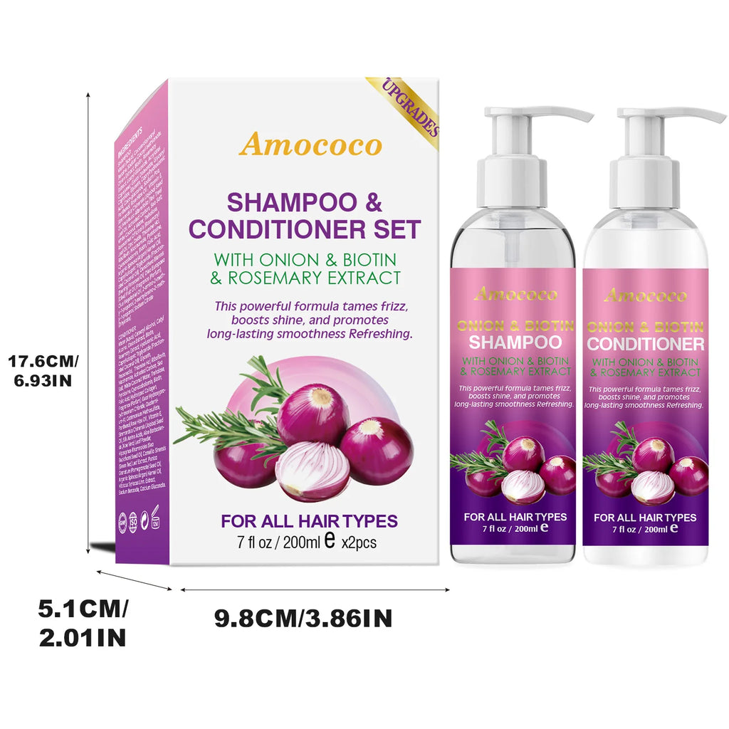 Amococo 2pcs X 200ml Shampoo and Conditioner Set with Onion Biotin Rosemary Hair Care Duo for All Hair Types Frizz Control Shine Boosting Sulfate Free - Curl and Collar