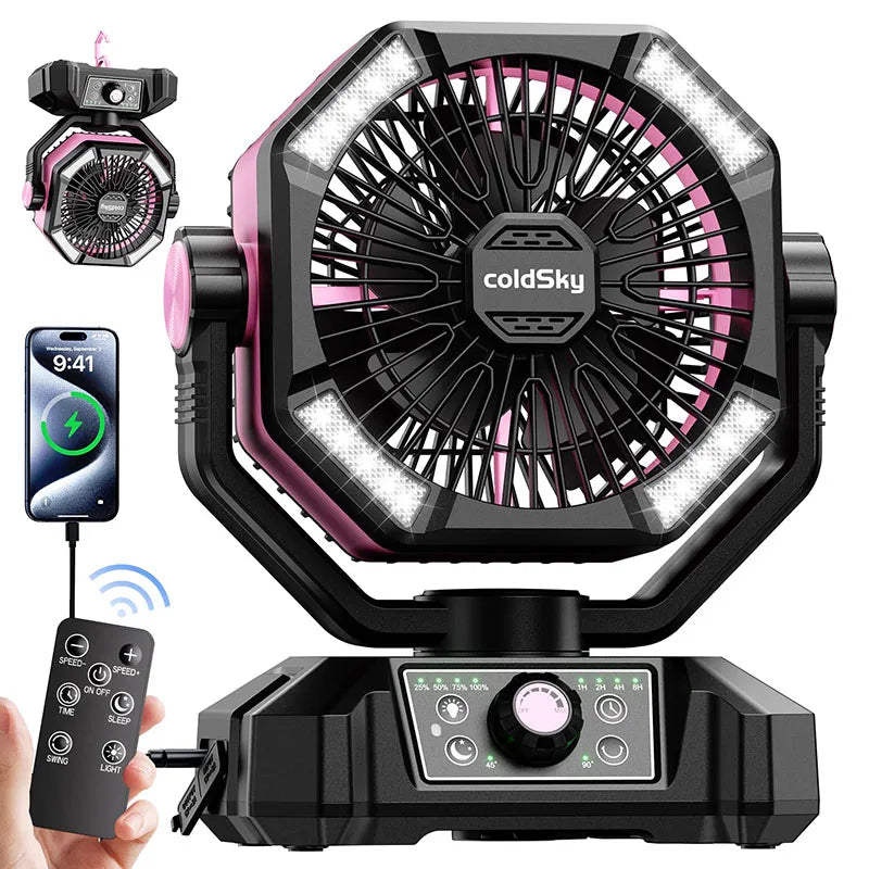 20000mAh Battery Camping Fan with 4 LED Lantern 8 Speeds Desk Fan Portable Outdoor Fan for Outdoor Camping Tent and Fishing - Curl and Collar