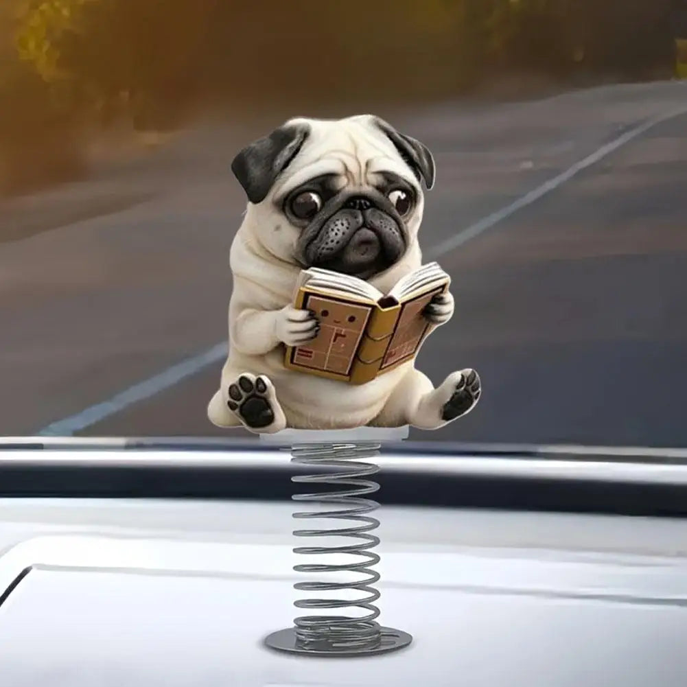 1Pcs Cute 2D Pug Car Ornaments Kawaii Reading Dog Car Panel Dashboard Spring Toys Decor Creative Accessories Gift - Curl and Collar