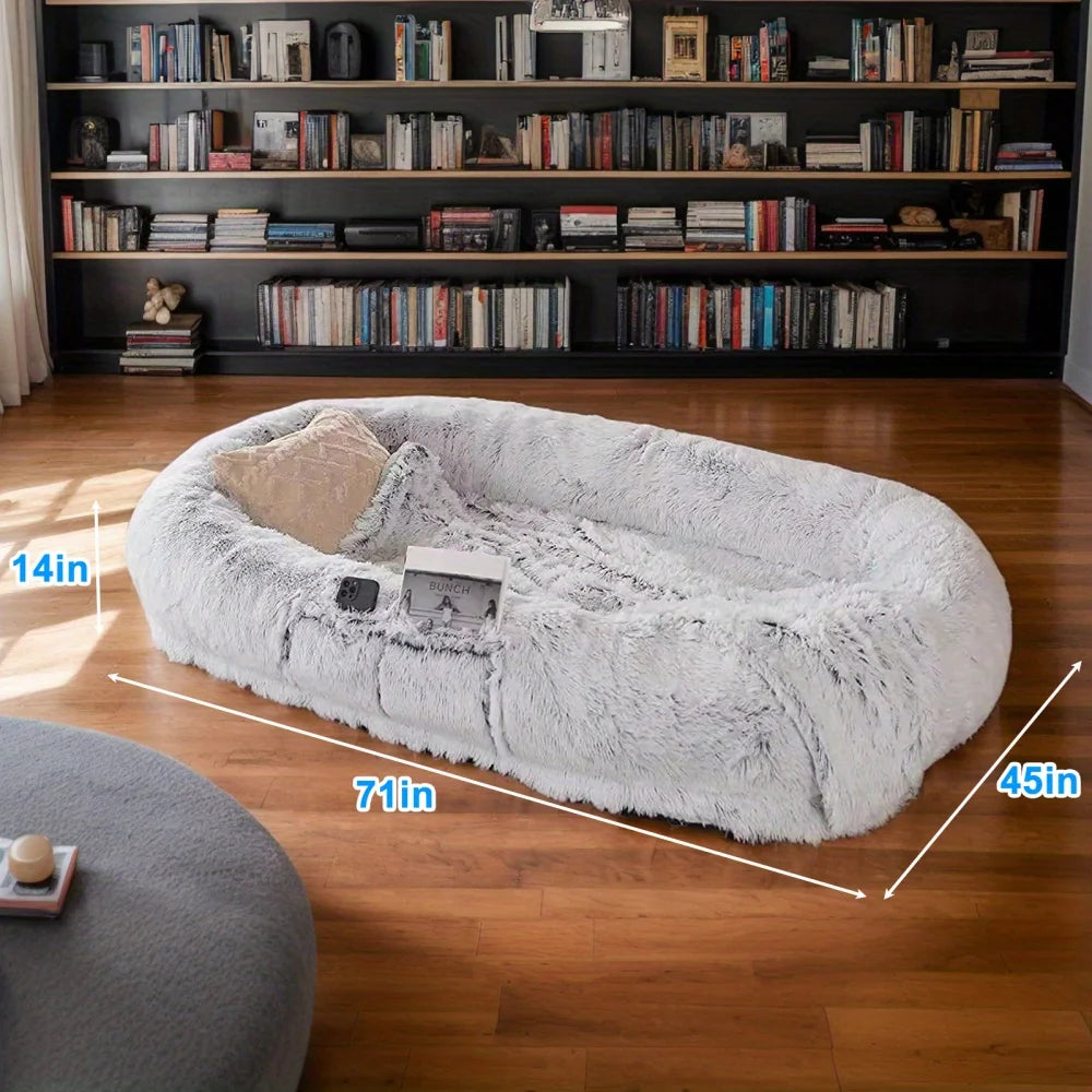 Human Dog Bed, Washable Faux Fur Dog Bed for People Doze Off, Napping Orthopedic Dog Bed, 71''x45''x14'' Size Fits You and Pets - Curl and Collar