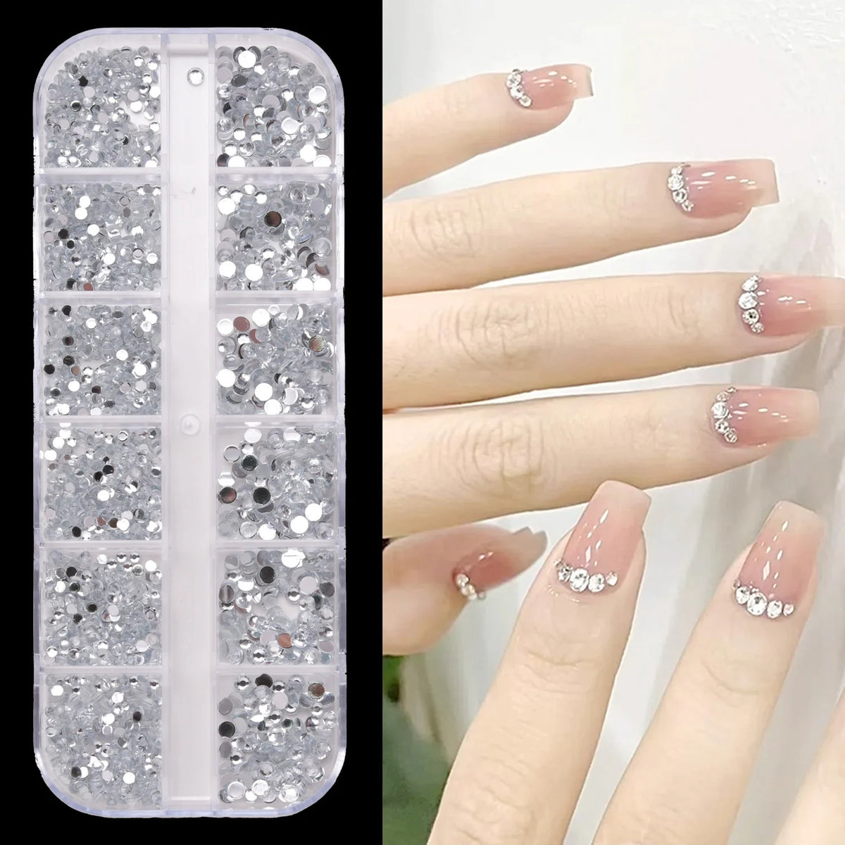 12-pack box of nail accessories: flat-bottom rhinestones, decorative nail embellishments, assorted small components, colorful nail stickers with rhinestones. - Curl and Collar