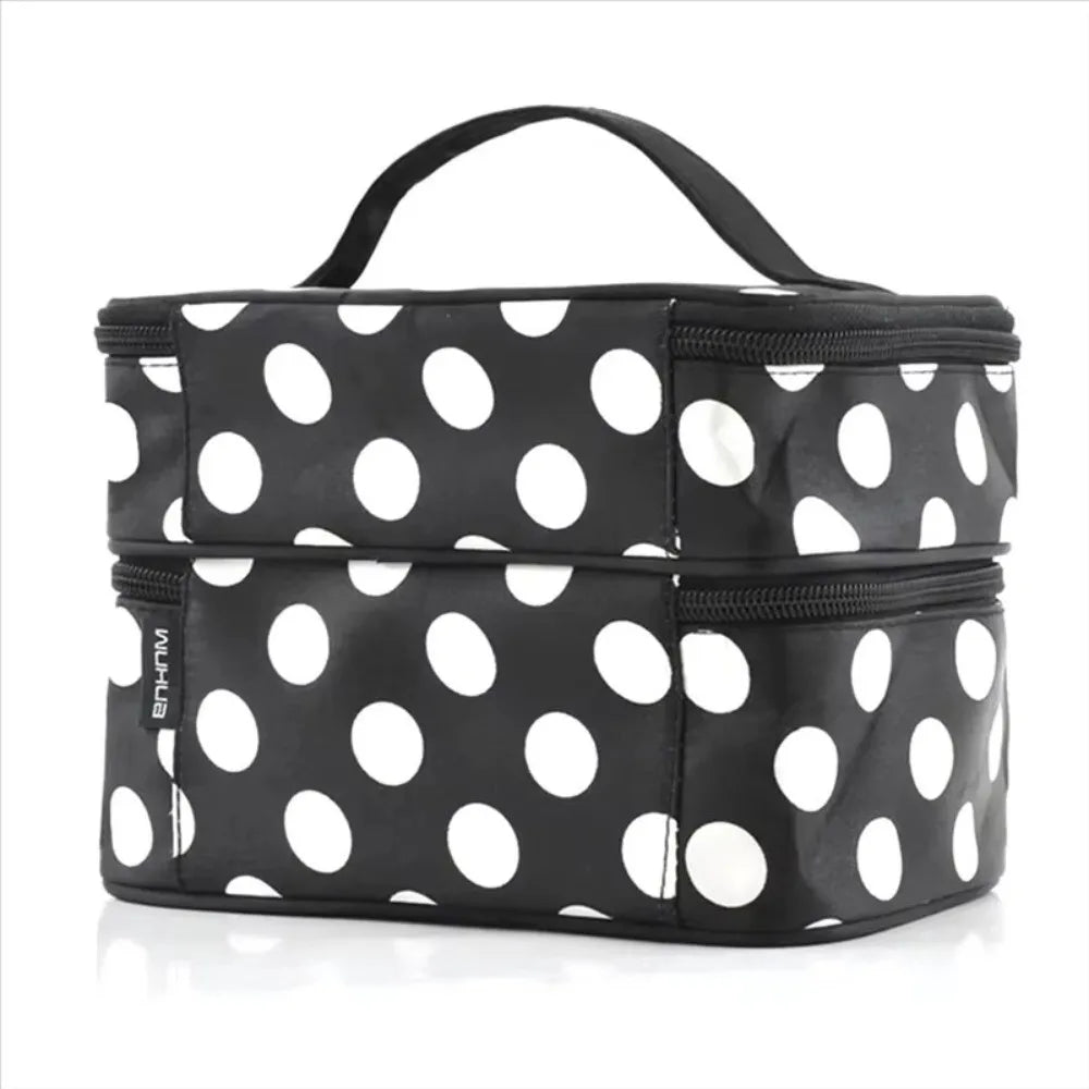 Fashion Double-layer Makeup Bag Polka Dots Portable Toiletry Bag Large Capacity Travel Makeup Case - Curl and Collar