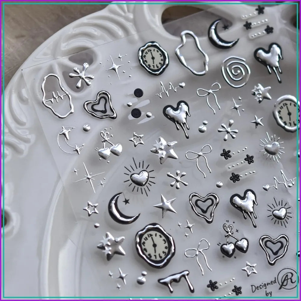 5D Silver Nail Art Stickers – Bow, Heart, Moon & Star 3D Metal Nail Decals for DIY Manicure - Curl and Collar