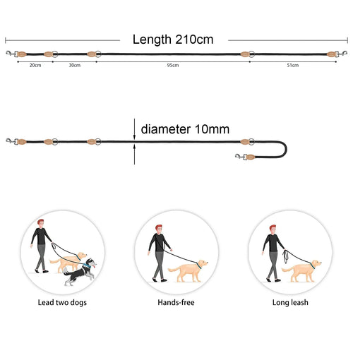 210cm Double Dog Leash – Adjustable Nylon Hands-Free Lead for Small & Medium Dogs - Curl and Collar