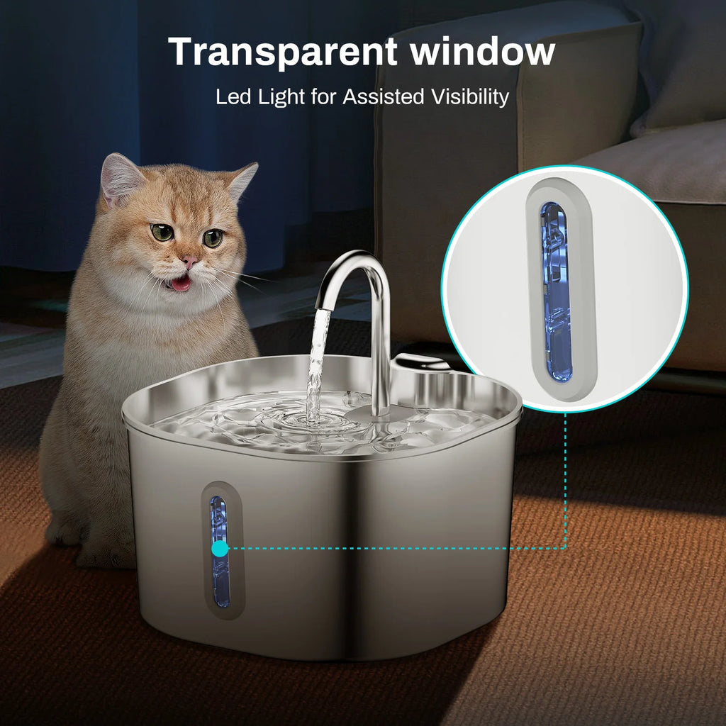 ZYFeeder 2.2L Automatic Cat Water Fountain Square Stainless Steel Pet Water Feeder Dog Water Fountain with window（No 5V 1A Plug） - Curl and Collar