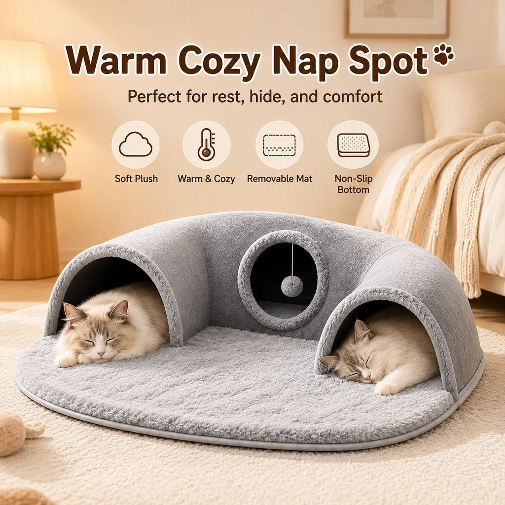 Multifunctional U-shaped Cat Tunnel Bed—A Detachable, Washable Plush Tunnel Bed That Combines Play and Rest; Suitable for Home, Indoor, and balcony Use. - Curl and Collar