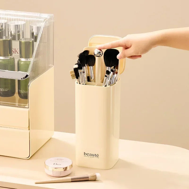Automatic Dustproof Lifting Makeup Brushes Holder Makeup Brush Holder Desktop Makeup Tools Lipstick Eyebrow Pen Holder Container - Curl and Collar