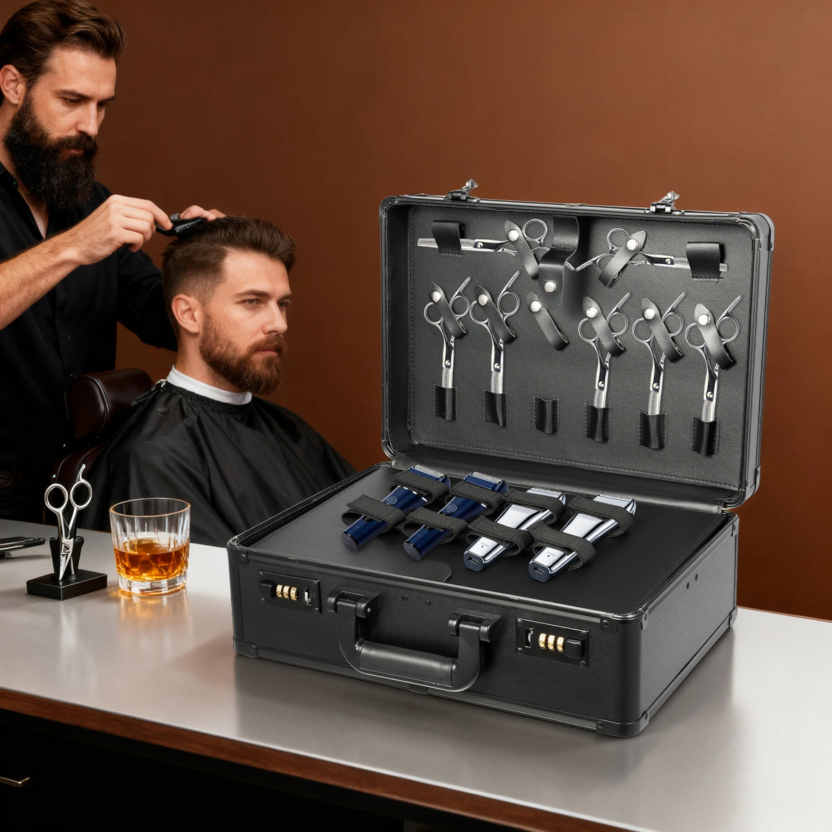 Portable Hairdressing Toolbox with Password Lock, Stylist Storage Case for 8 Scissors 4 Trimmers Combs, Beauty Tool Organizer Box - Curl and Collar