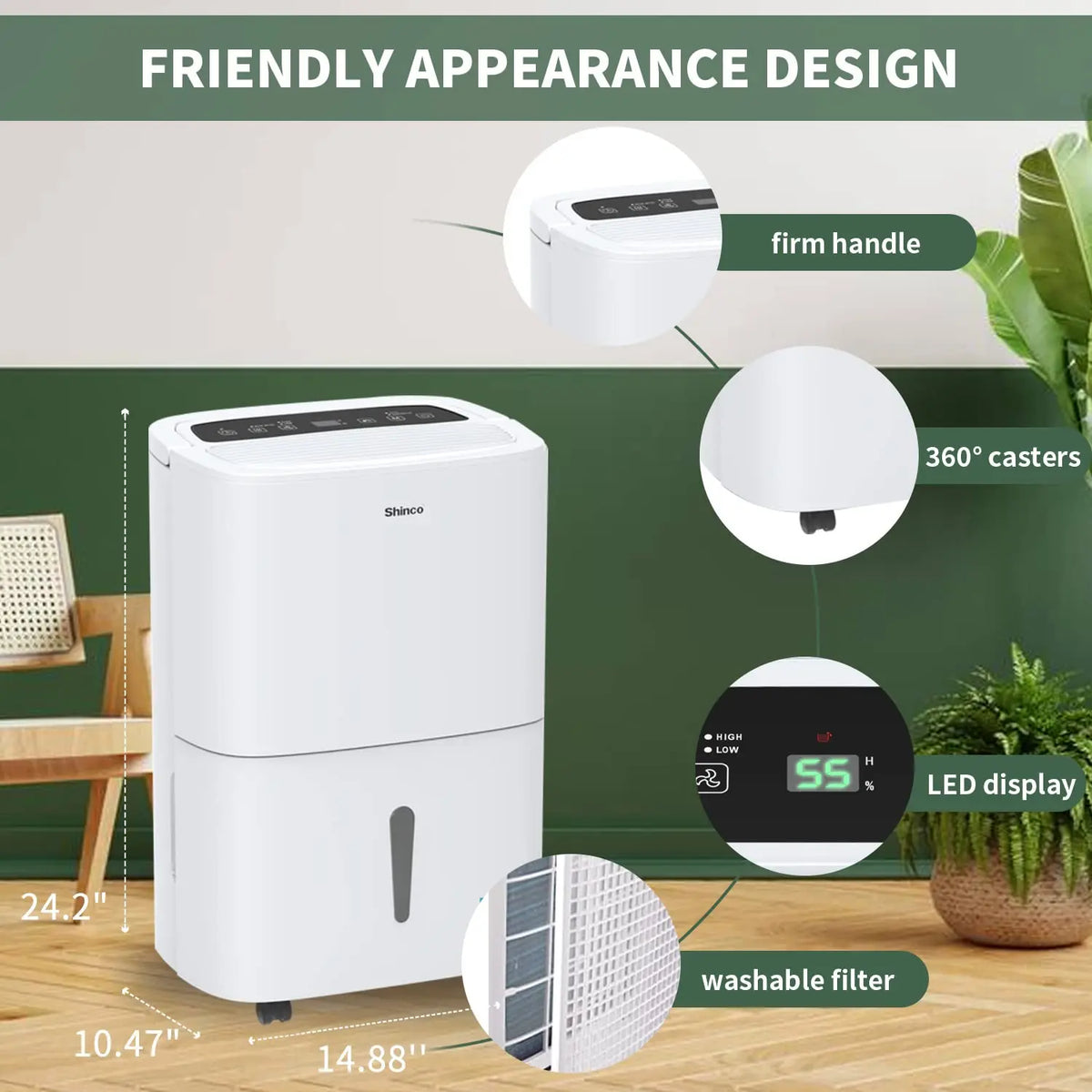 Shinco 150 Pints Energy Star Dehumidifier for Large Spaces up to 7,000 Sq.Ft Built-in Pump, 1.85 Gallon Water Tank - Curl and Collar