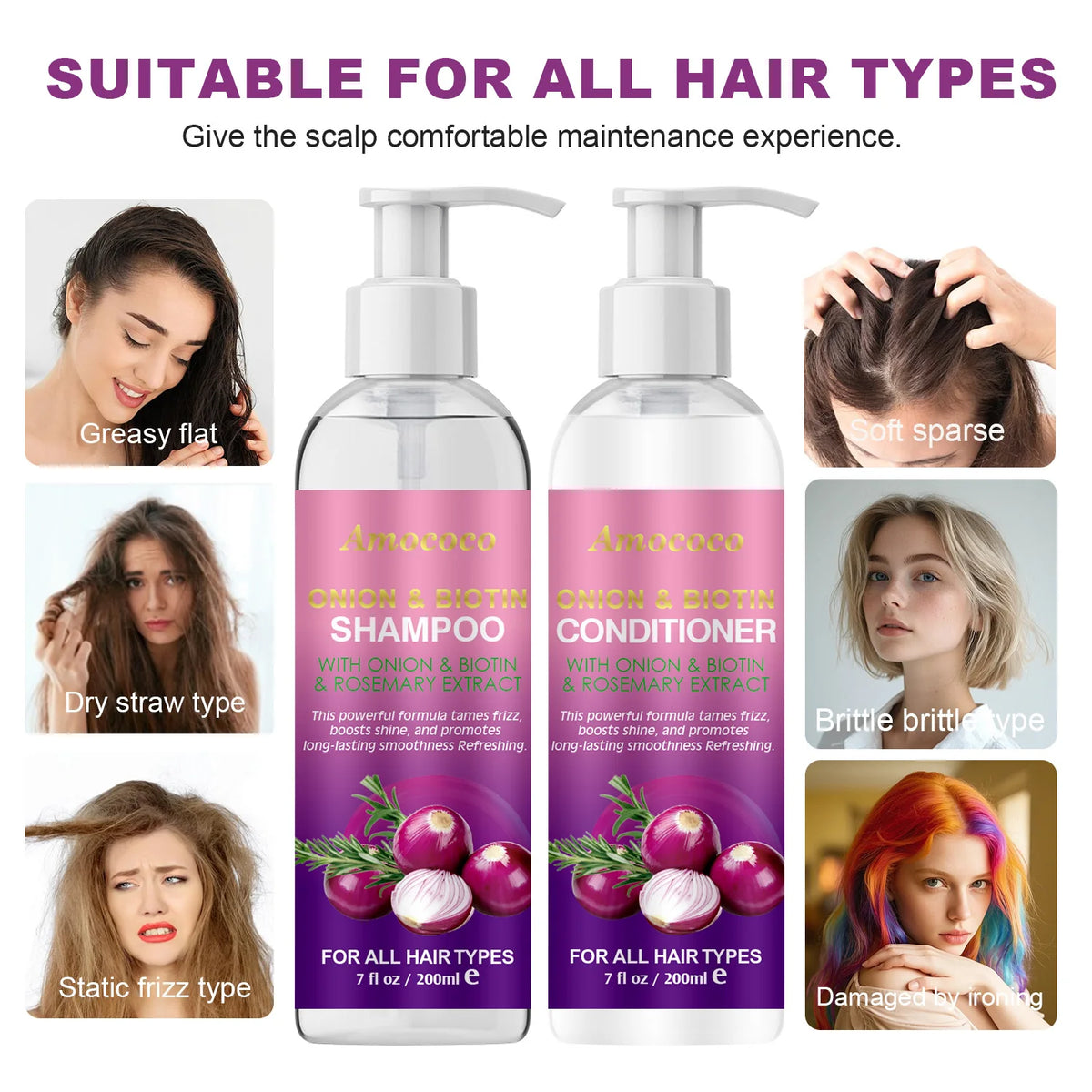 Amococo 2pcs X 200ml Shampoo and Conditioner Set with Onion Biotin Rosemary Hair Care Duo for All Hair Types Frizz Control Shine Boosting Sulfate Free - Curl and Collar