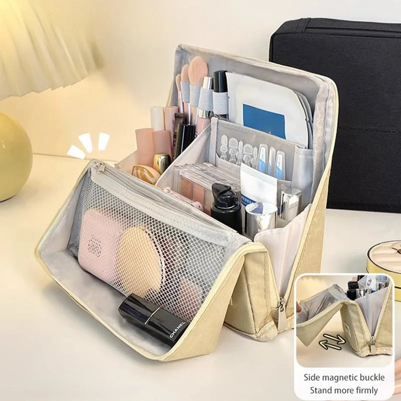 Large-capacity Portable Cosmetic Bag Vertical Desktop Storage Multifunctional Cosmetic Storage Bag Stationery Pen Storage Bag - Curl and Collar