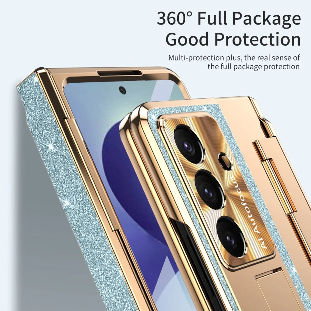 Crystal Glitter Leveling Hinges Anti Drop Case for Samsung Galaxy Z Fold 8 Ultra Zfold 8 Ultra 7 6 5 4 3 Camera Protector Cover - Curl and Collar
