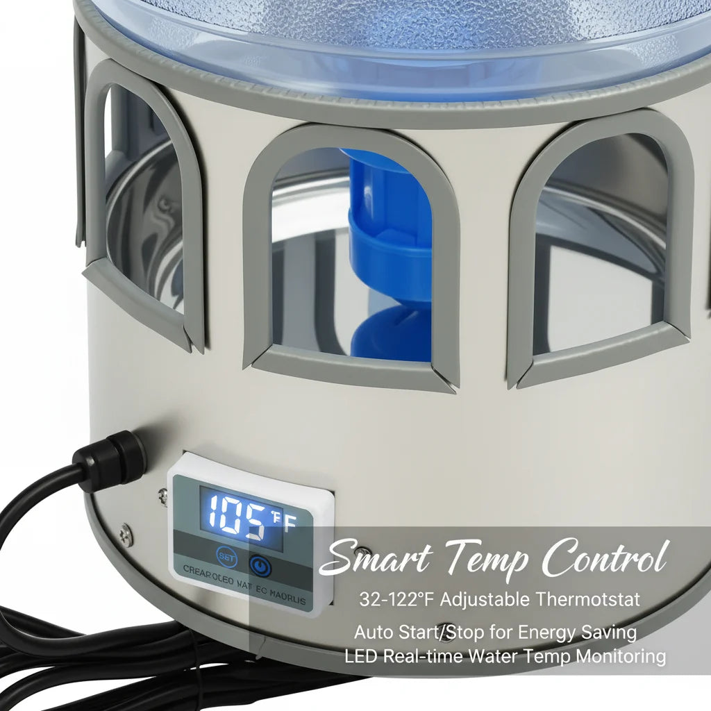 Stainless Steel Heated Chicken Waterer 5 Gal, 80W Auto Thermostat Water Heater for Poultry, Adjustable Temp 32-122°F with LED Display & 9 Windows, Anti-Freeze for Winter, Silver-Blue - Curl and Collar