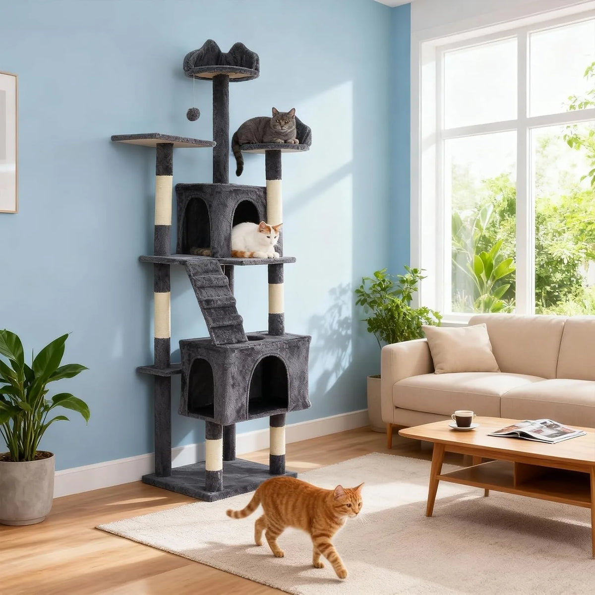 72" Cat Tree for Large Cats, Multi-Level Cat Tower with 6 Sisal Scratching Posts, 2 Condos, 3 Perches, Hammock & Dangling Toys, Sturdy Particle Board with Anti-Tip Kit, Dark Grey - Curl and Collar