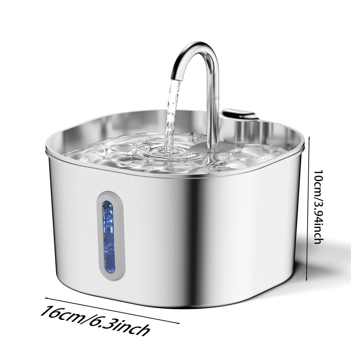 ZYFeeder 2.2L Automatic Cat Water Fountain Square Stainless Steel Pet Water Feeder Dog Water Fountain with window（No 5V 1A Plug） - Curl and Collar